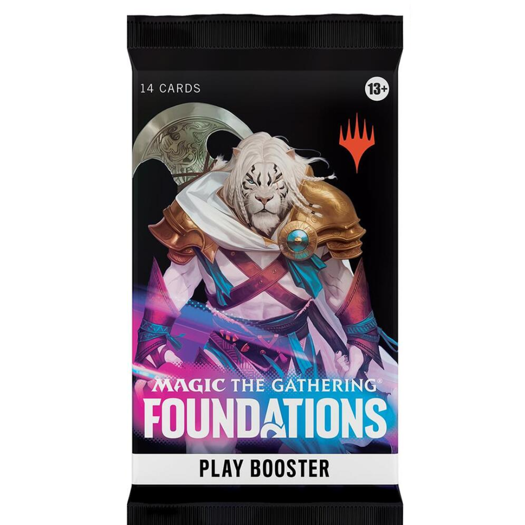 Magic: The Gathering - Foundations - Play Booster Pack featuring 14 cards, artwork of an armored tiger humanoid, and MTG mana-symbol logo, ideal for all players.