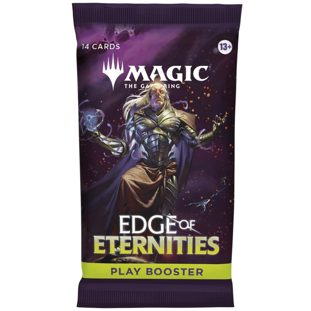 Magic: The Gathering - Edge of Eternities - Play Booster Pack featuring 14 randomized cards, sealed in a purple wrapper with arcane artwork.