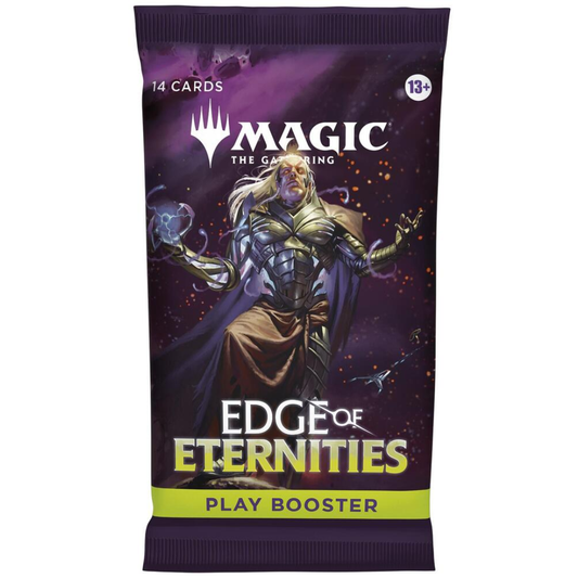 Magic: The Gathering - Edge of Eternities - Play Booster Pack featuring 14 randomized cards, sealed in a purple wrapper with arcane artwork.