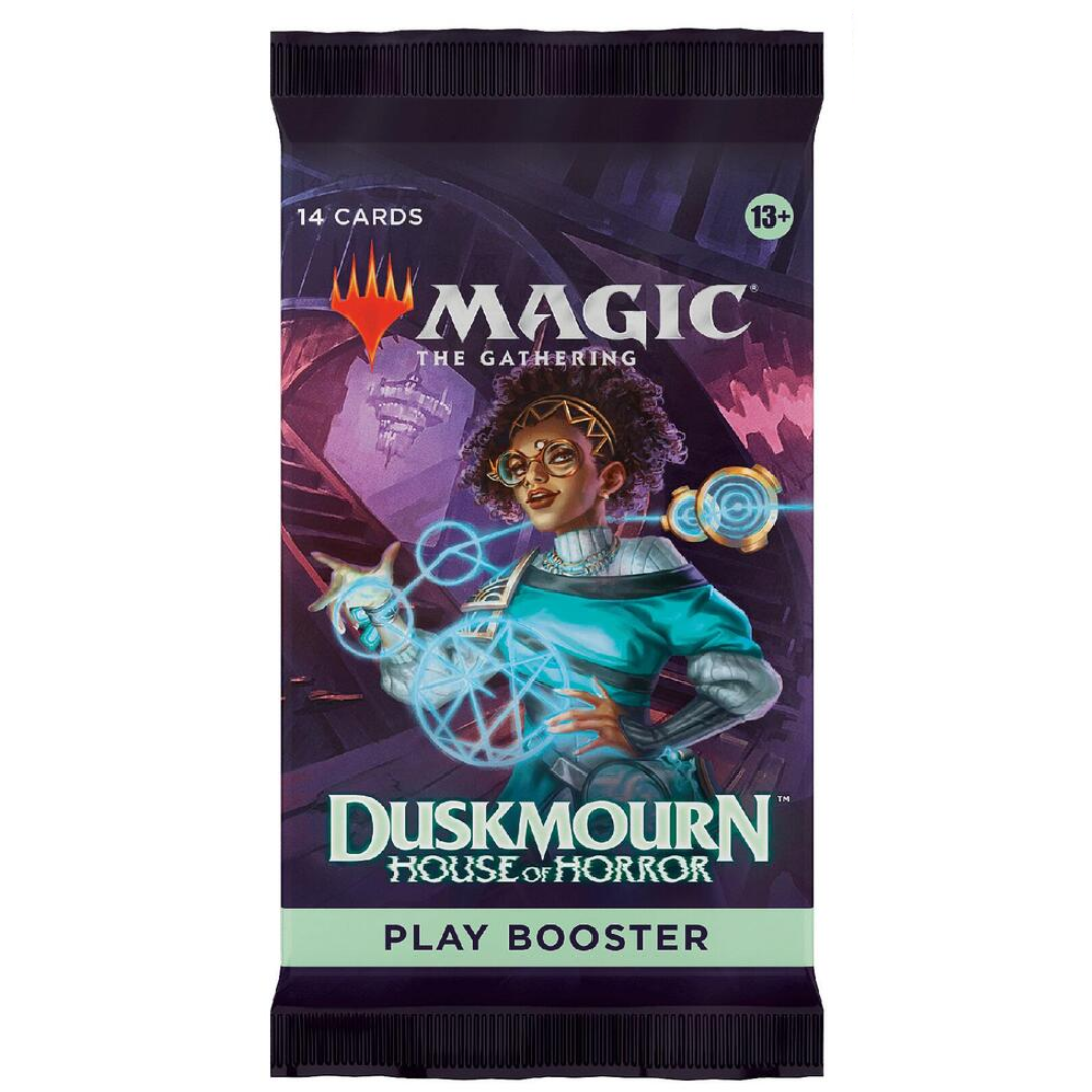 Magic: The Gathering - Duskmourn: House of Horror - Play Booster Pack featuring a spellcaster. Contains 14 cards, including potential Art and Special Guest cards.