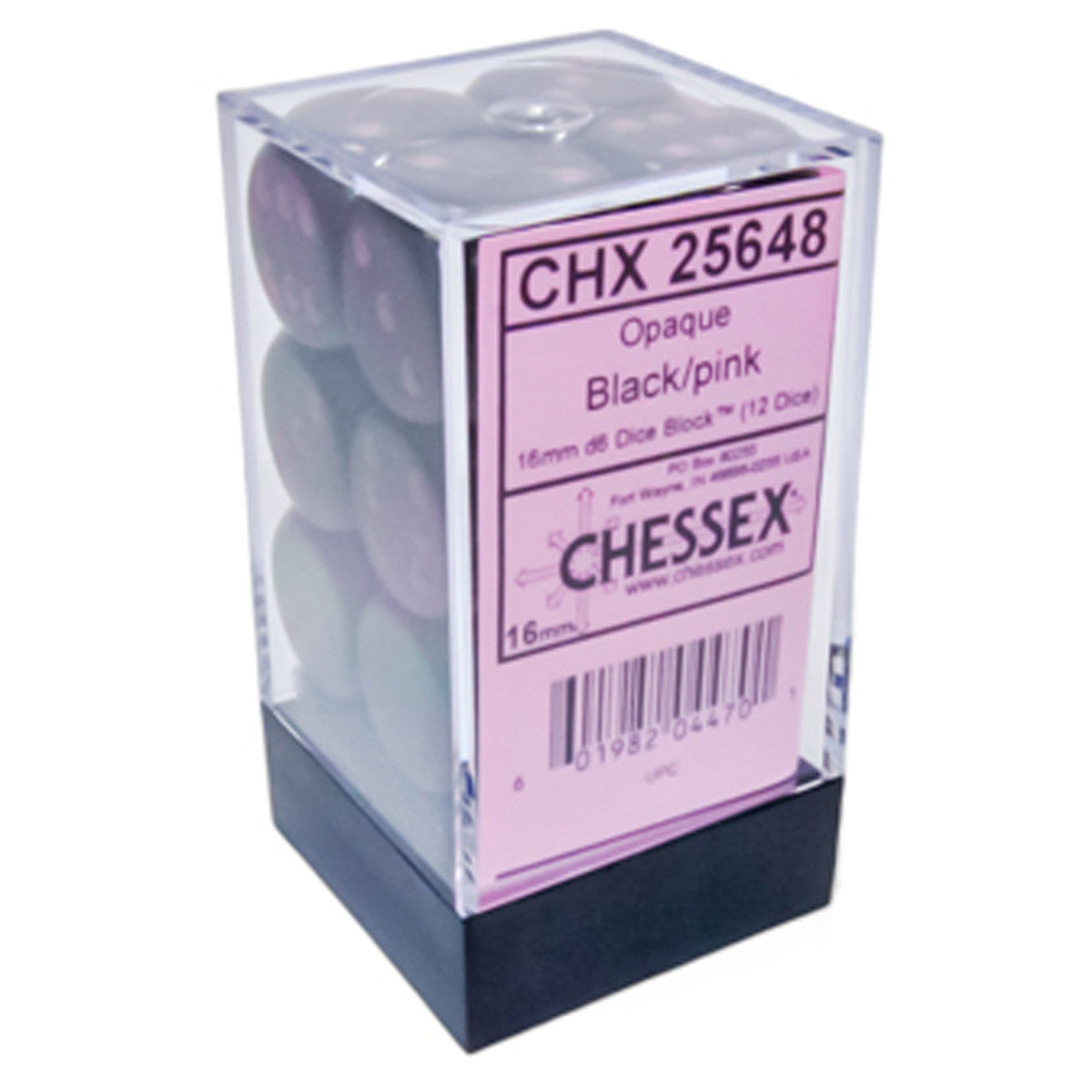 Chessex Opaque Black with Pink 16mm d6 Dice Block