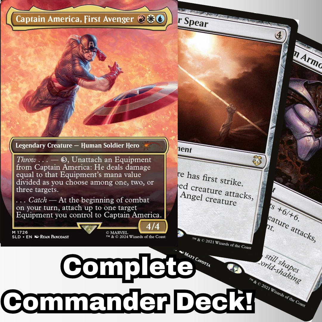MTG Commander Deck EDH Deck Captain America, First Avenger 100 Magic Cards Custom Deck Jeskai Equipment Marvel Voltron featuring legendary cards and equipment for casual play.