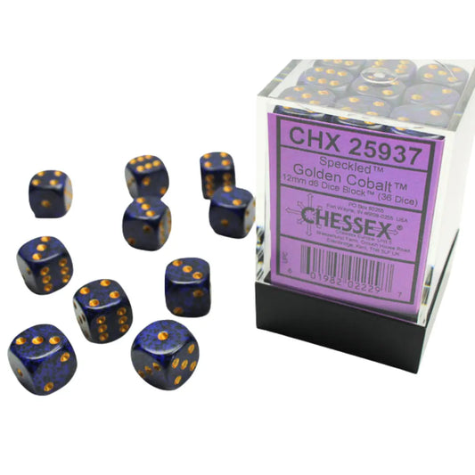Chessex Speckled Golden Cobalt 12mm d6 Dice Block (36 dice) Moonveil Games