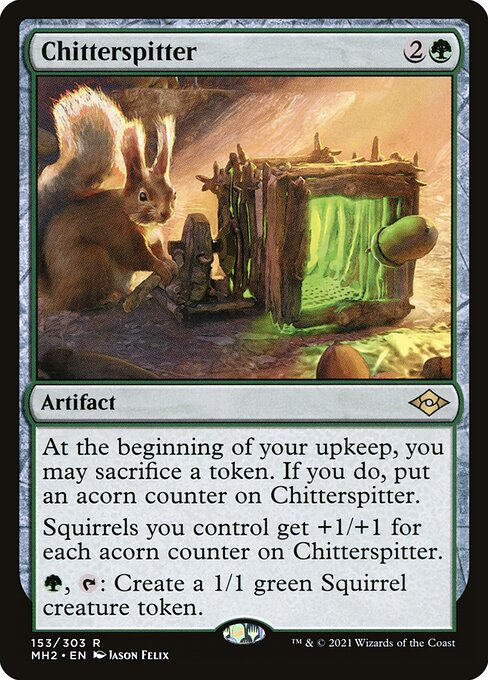 Magic: The Gathering Chitterspitter card from Modern Horizons 2, part of Moonveil Games' custom Commander deck featuring Chatterfang, Squirrel General, focused on squirrel tokens and strategic play.