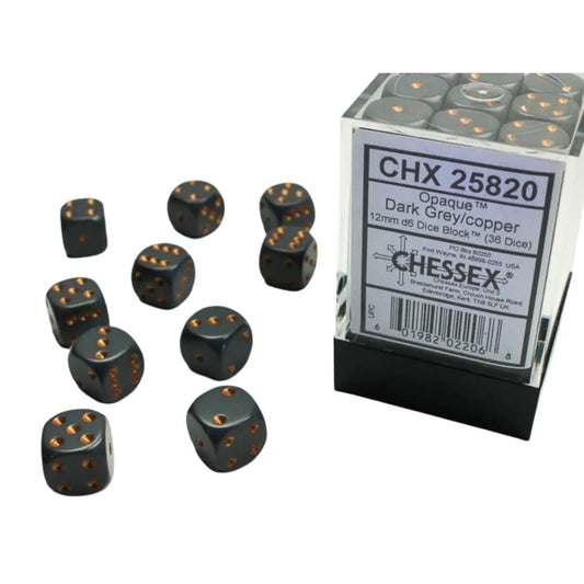 Chessex Opaque Dark Grey/copper 12mm d6 Dice Block (36 dice) Moonveil Games