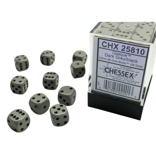 Chessex Opaque Dark Grey/black 12mm d6 Dice Block (36 dice) Moonveil Games