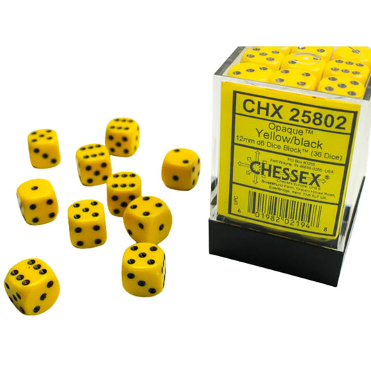 Chessex Opaque Yellow/black 12mm d6 Dice Block (36 dice) Moonveil Games
