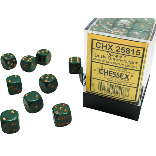 Chessex Opaque Dusty Green/copper 12mm d6 Dice Block (36 dice) Moonveil Games