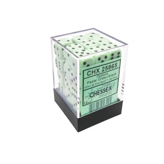 Chessex Opaque Pastel Green/black 12mm d6 Dice Block (36 dice) Moonveil Games
