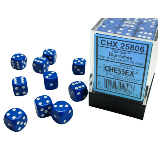 Chessex Opaque Blue/white 12mm d6 Dice Block (36 dice) Moonveil Games