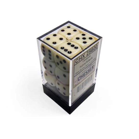 Chessex Opaque Ivory/black 16mm d6 Dice Block (12 dice) Moonveil Games