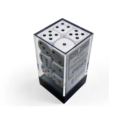 Chessex Opaque White/black 16mm d6 Dice Block (12 dice) Moonveil Games