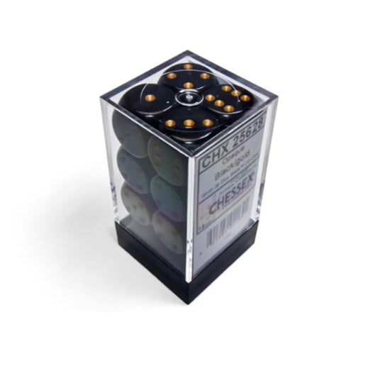 Chessex Opaque Black/gold 16mm d6 Dice Block (12 dice) Moonveil Games