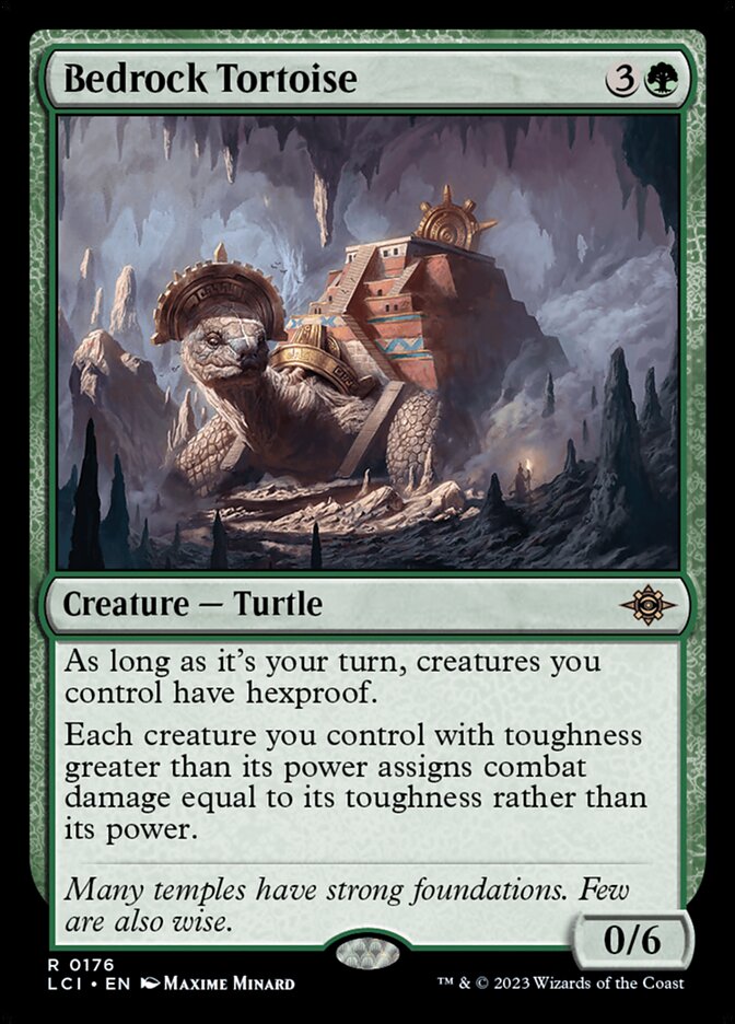 MTG Commander Deck featuring Bedrock Tortoise, a green rare creature card from Ixalan, part of Moonveil Games' custom-built, toughness-focused Doran EDH deck.