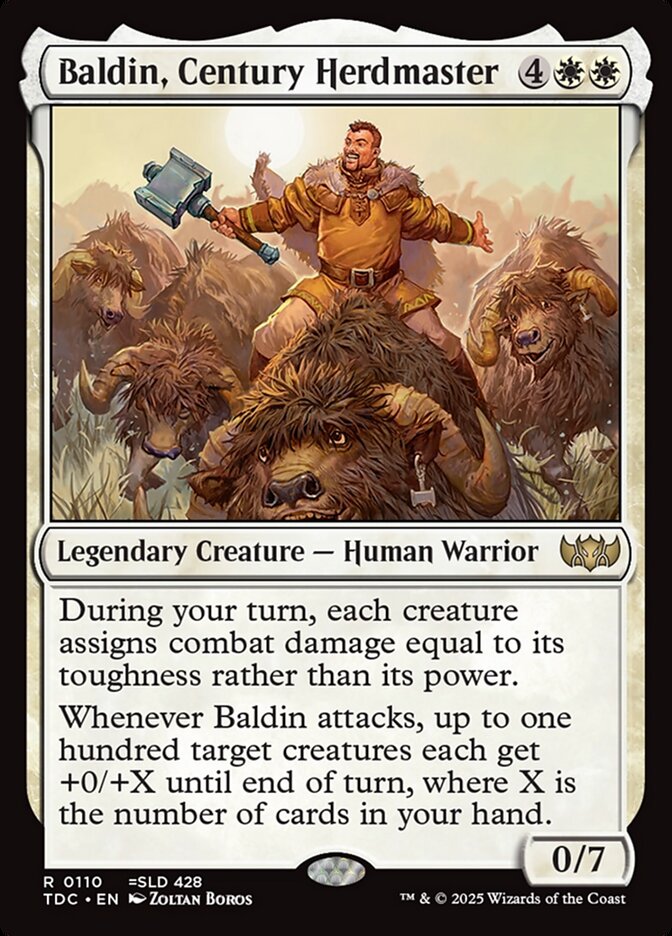 MTG Commander Deck featuring Baldin, Century Herdmaster, emphasizes high-toughness creatures for massive damage. Custom-built by Moonveil Games, includes 100 authentic Magic cards.