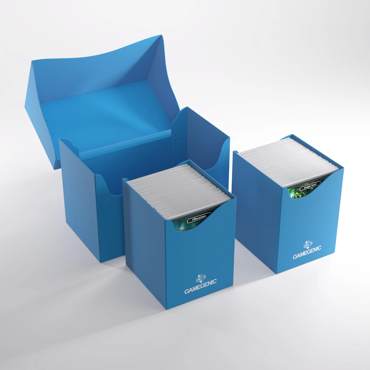 GameGenic: DOUBLE DECK HOLDER 200+ XL Blue, displaying two filled and one open box, ideal for organizing and protecting TCG decks with removable holders.