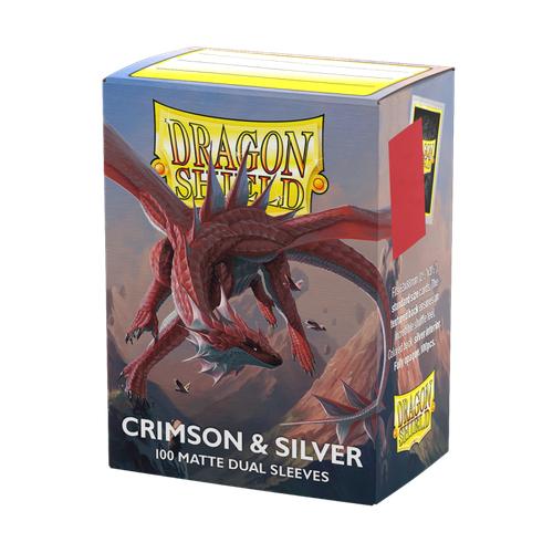 Dragon Shield Crimson & Silver - Matte Dual Sleeves in retail box, 100 count, for trading cards up to 63x88mm, ideal for style-conscious TCG players.
