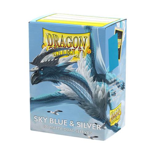 Dragon Shield Sky Blue & Silver - Matte Dual Sleeves box featuring dragon artwork, containing 100 sleeves with a dual-color design for trading card protection.