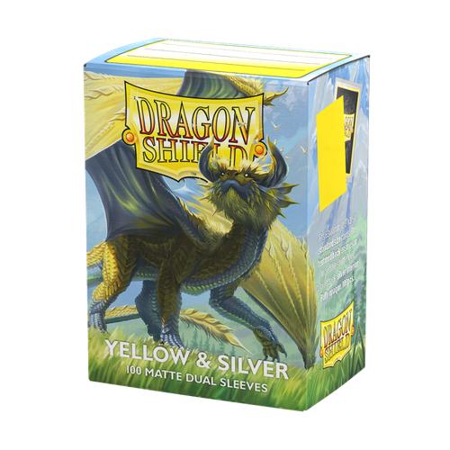 Dragon Shield Yellow & Silver - Matte Dual Sleeves box, featuring 100 card sleeves with a stylish yellow exterior and silver interior, ideal for trading card protection.