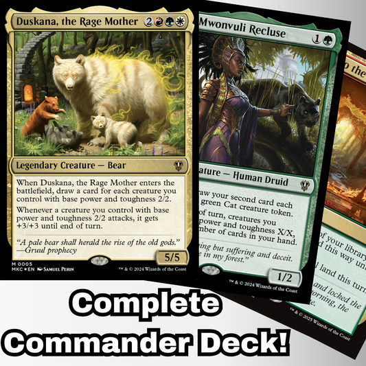 MTG Commander Deck featuring Duskana, the Rage Mother, complete with 100 custom Magic cards from Moonveil Games for casual EDH play.