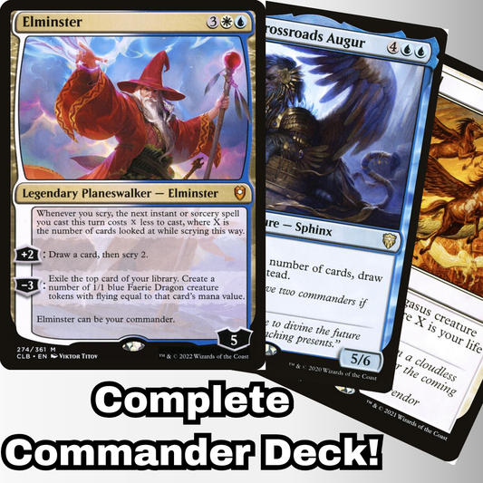 Promotional image featuring MTG Commander Deck with Elminster card, emphasizing Complete Commander Deck for casual play, custom-built by Moonveil Games using genuine Magic cards.