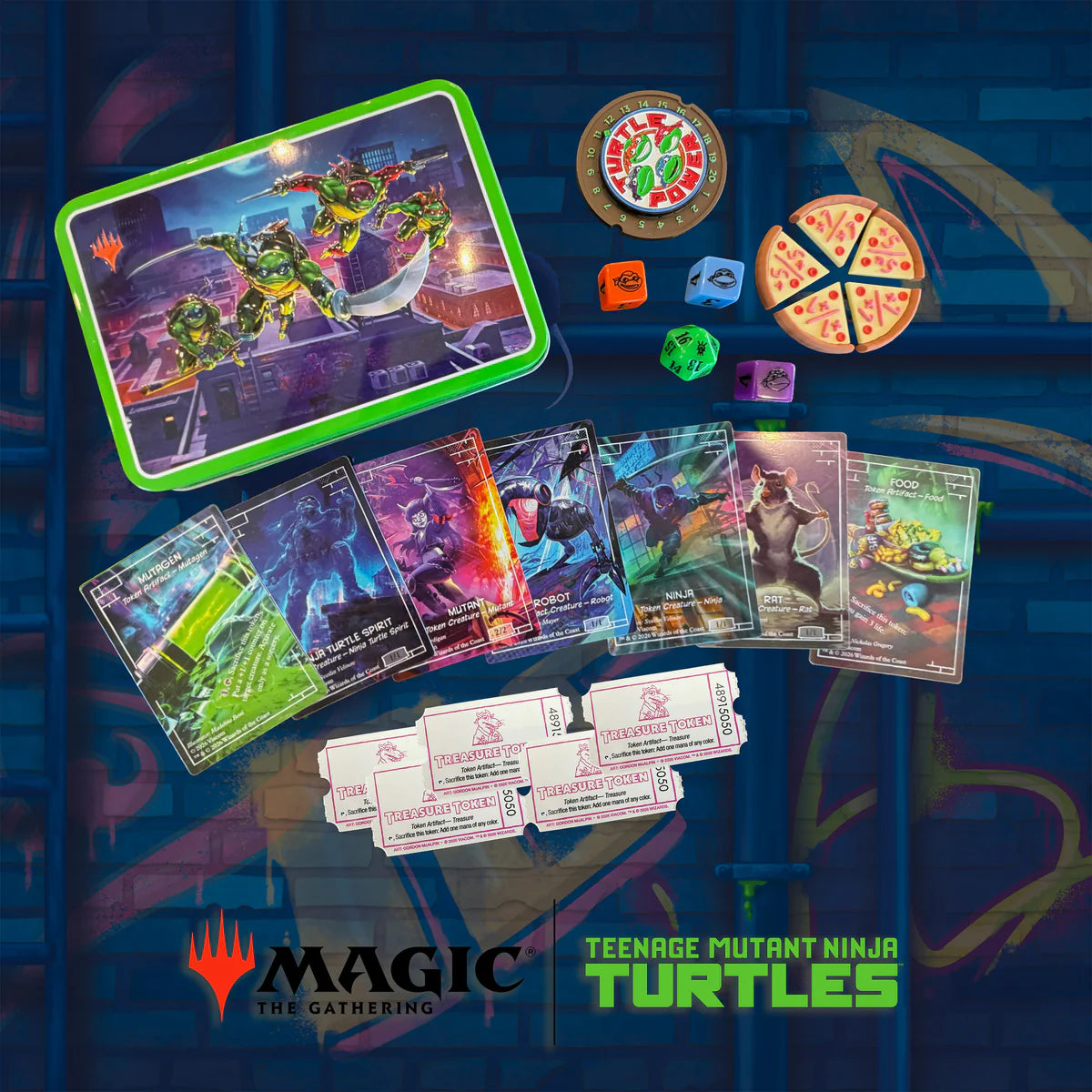 Magic: The Gathering - Teenage Mutant Ninja Turtles - Token Set BEADLE AND GRIMM'S featuring token cards, a life tracker, turn counter, dice, and an embossed tin.