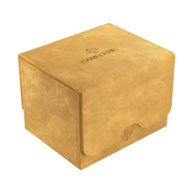 GameGenic Sidekick: 100+ XL CONVERTIBLE Sand Deck Box, tan suede-like material, holds double-sleeved cards, removable cover, secure magnetic closure for trading-card decks.