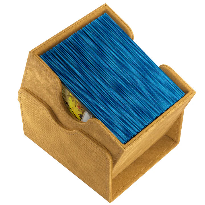 GameGenic Sidekick: 100+ XL CONVERTIBLE Sand Deck Box filled with blue-sleeved cards, ideal for MTG Commander decks, featuring secure magnetic closure and versatile storage.