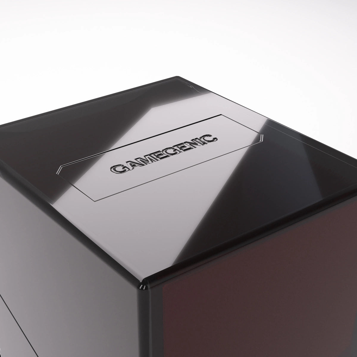 Gamegenic BASTION 100+ XL Black Deck Box close-up, showcasing its glossy, beveled-edge design and embossed branding, ideal for storing over 100 double-sleeved cards securely.