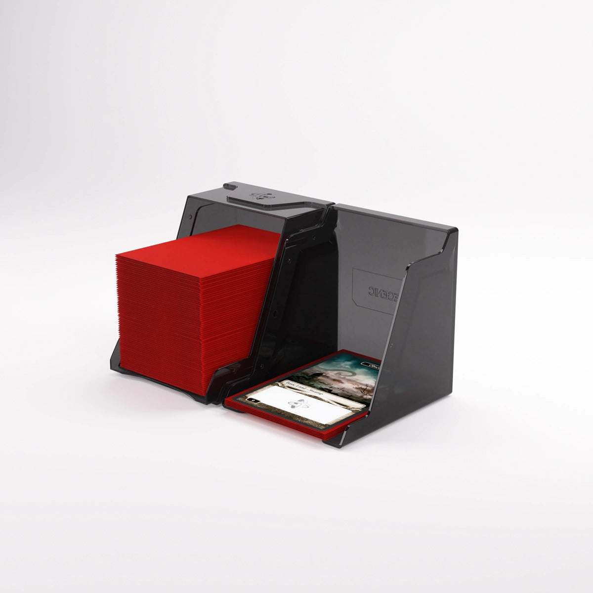 Gamegenic BASTION 100+ XL Black Deck Box holding red-sleeved cards, showcasing dual compartments and secure snap-open mechanic for easy access.