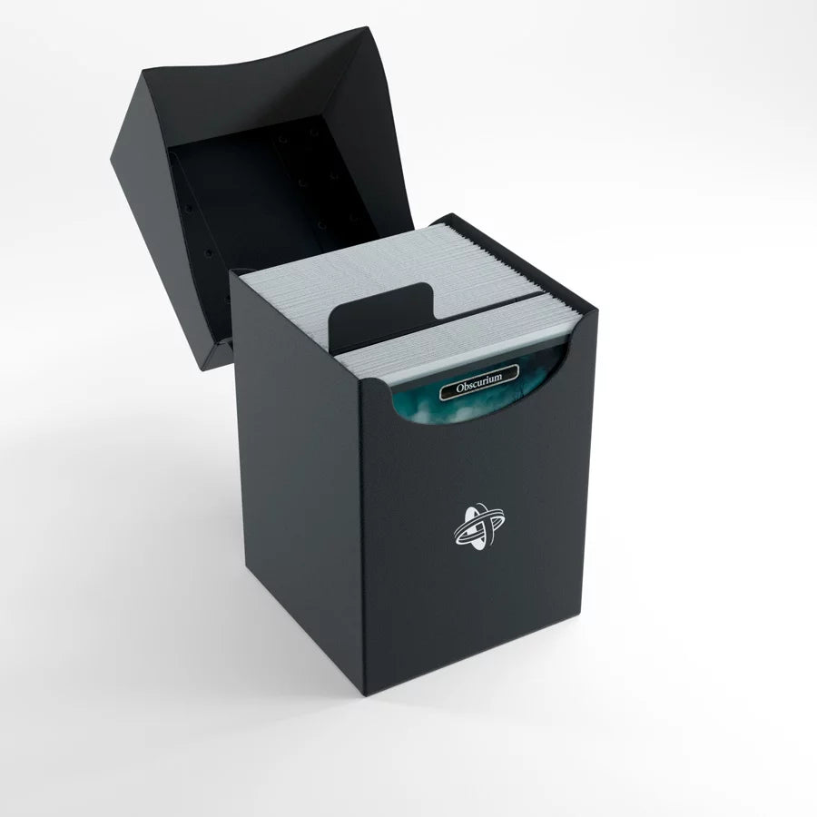 Gamegenic DECK HOLDER 100+ Black Deck Box with open lid, showing sleeved cards and divider. Features self-locking flap and write-on strip for easy card organization.
