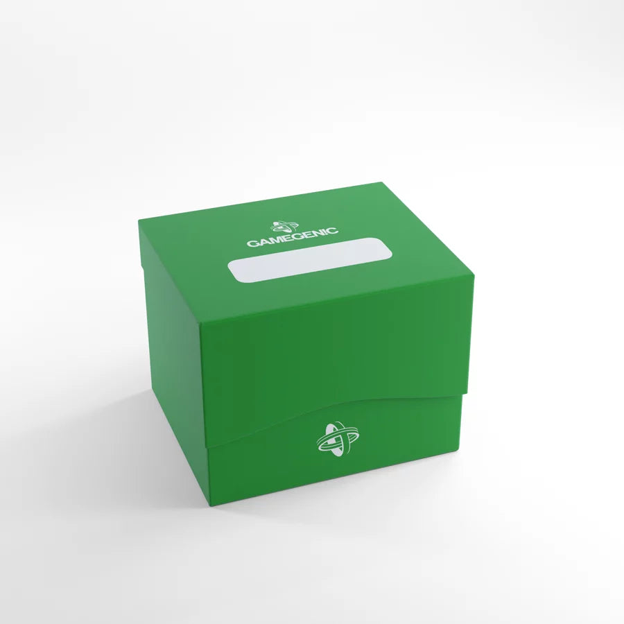 Gamegenic SIDE HOLDER 100+ XL Green Deck Box for storing trading cards, featuring a self-locking lid, stylized branding, and a 100-card capacity.