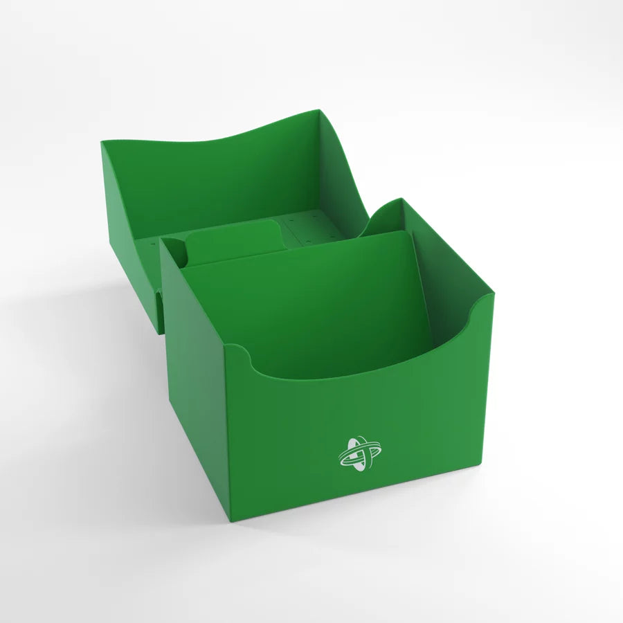 Gamegenic SIDE HOLDER 100+ XL Green Deck Box with two compartments for organizing 100 double-sleeved cards, featuring easy-access cutouts and self-locking lid.