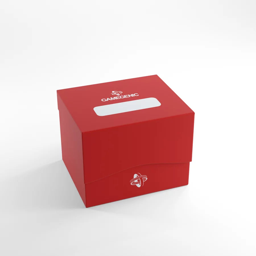 Gamegenic SIDE HOLDER 100+ XL Red Deck Box, designed for 100 double-sleeved cards, features a write-on strip, self-locking lid, and Flex Card Divider.