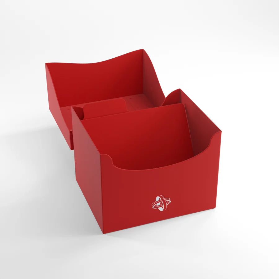 Gamegenic SIDE HOLDER 100+ XL Red Deck Box, featuring dual compartments, a scalloped lip, and logo; ideal for organizing up to 100 double-sleeved cards.
