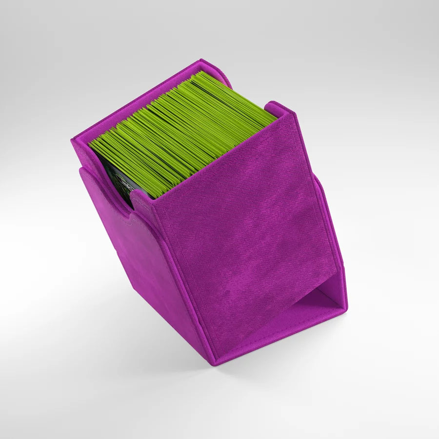 GameGenic Squire: 100+ XL Purple Deck Box, fabric-covered, holds bright green-sleeved cards, featuring removable cover and strong magnets for secure storage.