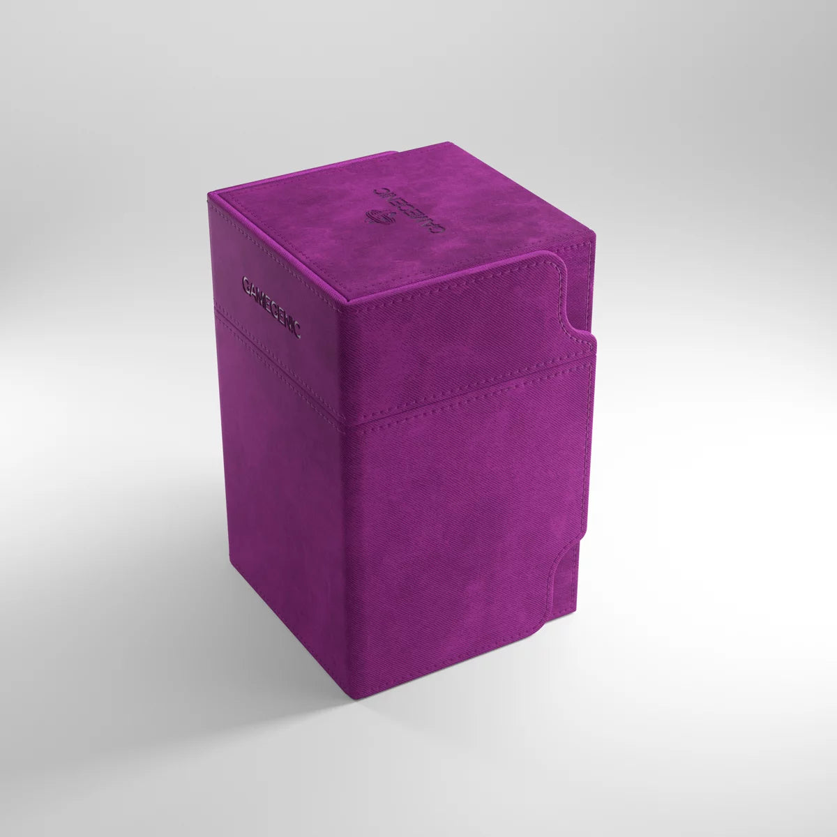 GameGenic Watchtower 100+ XL CONVERTIBLE Purple Deck Box, textured, embossed, with detachable flaps, card holder, and accessories drawer for organizing up to 100 double-sleeved cards.