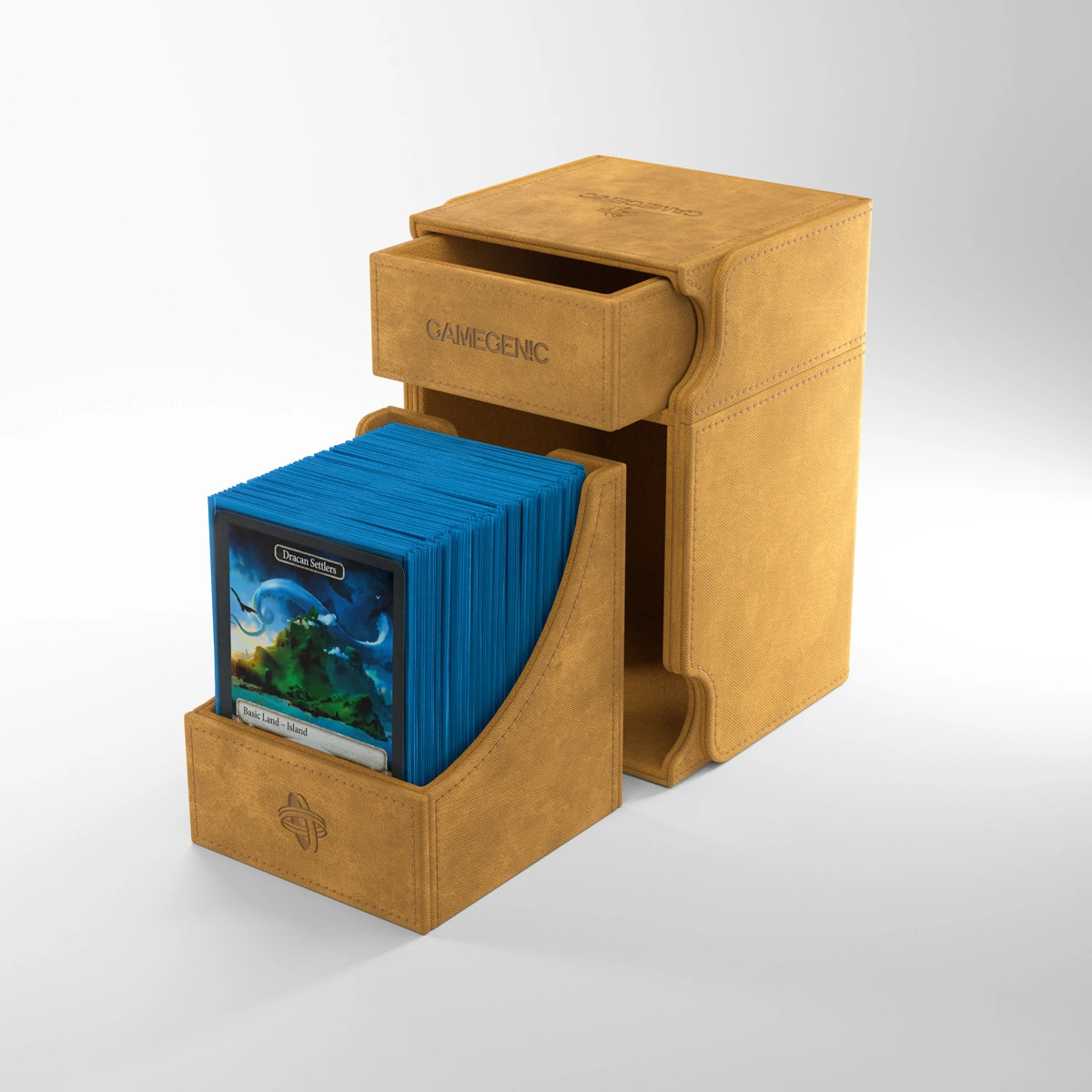 GameGenic Watchtower 100+ XL CONVERTIBLE Sand Deck Box with pull-out tray holding blue-sleeved cards and an upper drawer for dice or tokens.