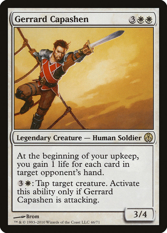 Gerrard Capashen card from MTG Commander Deck Hope Estheim, featuring a swordsman on a rope ladder, part of Moonveil Games' custom 100-card life gain/mill deck.