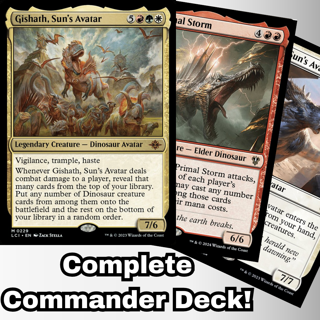 MTG Commander Deck featuring Gishath, Sun's Avatar and key dinosaur cards; complete 100-card custom deck for casual play from Moonveil Games.