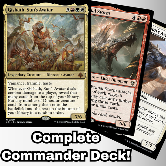 MTG Commander Deck featuring Gishath, Sun's Avatar and key dinosaur cards; complete 100-card custom deck for casual play from Moonveil Games.