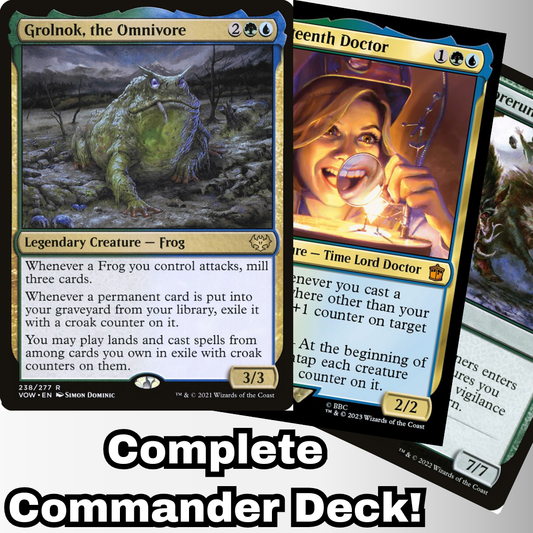 MTG Commander Deck featuring Grolnok, the Omnivore, includes 100 custom cards for casual play. Highlighted cards: Grolnok, The Thirteenth Doctor, 7/7 creature.