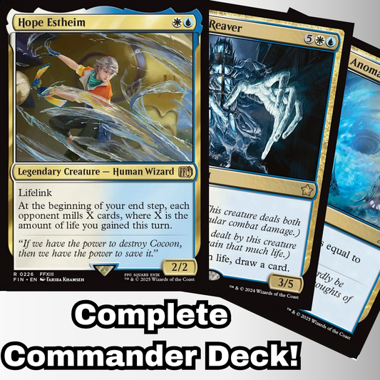 MTG Commander Deck featuring Hope Estheim card, showcasing a custom-built 100-card deck for casual play by Moonveil Games. Complete Commander deck highlighted.
