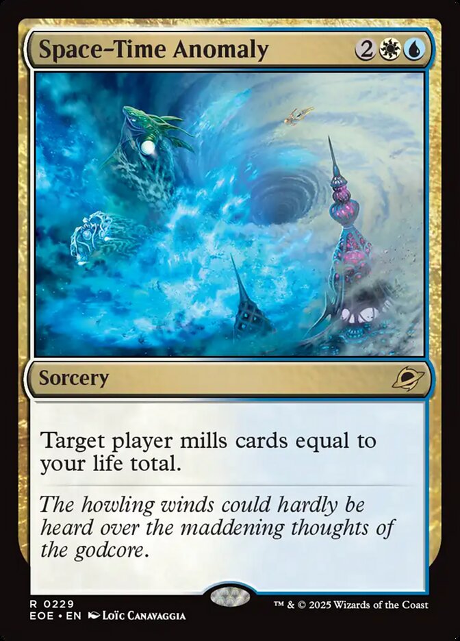 MTG Commander Deck featuring “Space-Time Anomaly” card; custom-built by Moonveil Games for life gain and mill strategies, ideal for casual play.
