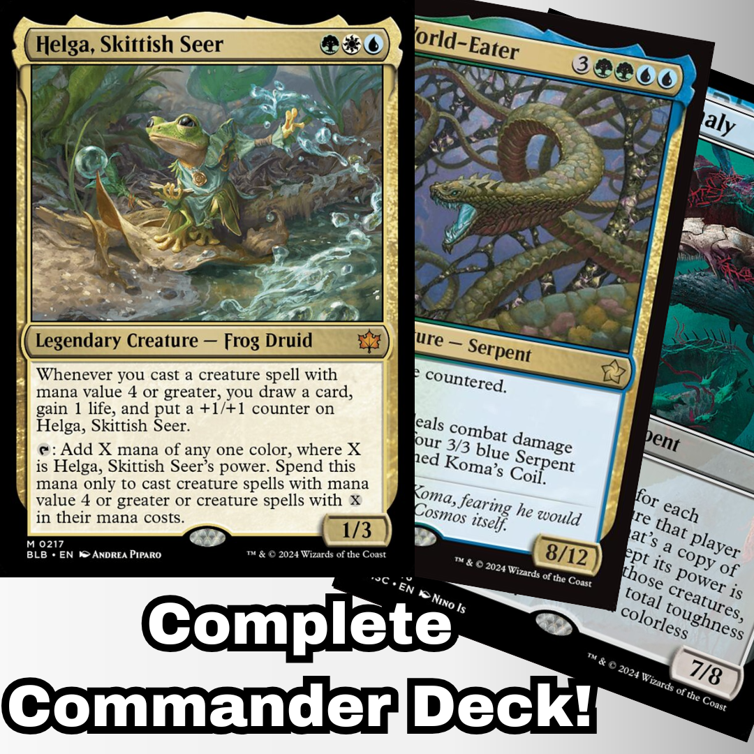 MTG Commander Deck featuring Helga, Skittish Seer front, showcasing a complete 100-card custom deck by Moonveil Games for casual play.