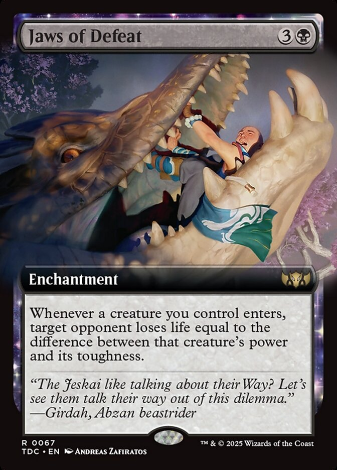 MTG card Jaws of Defeat in a custom Commander deck, featuring a warrior caught by a reptilian maw, enhancing Doran's toughness strategy for casual play.