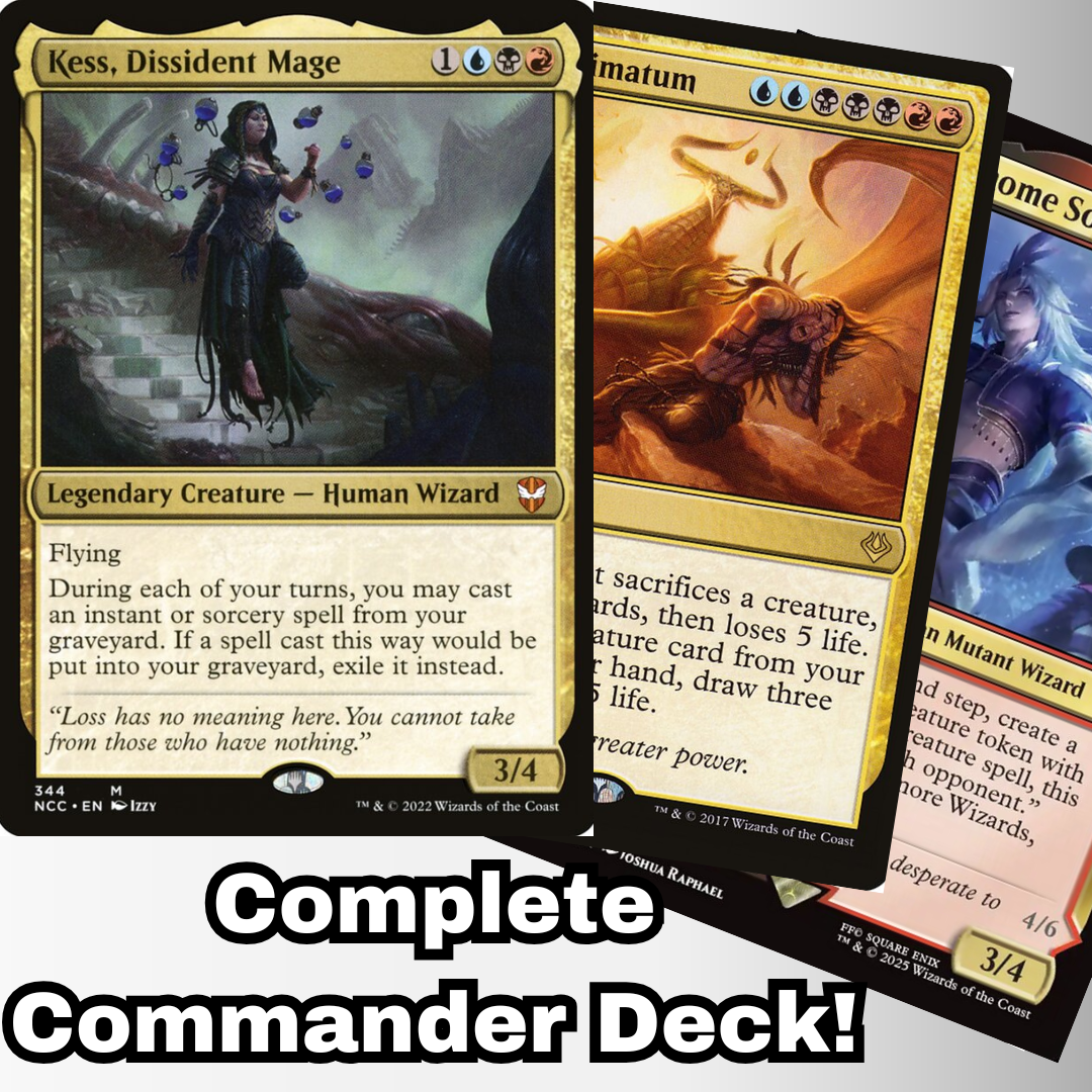 MTG Commander Deck featuring Kess, Dissident Mage with accompanying cards, highlighting a complete 100-card custom budget deck for casual players.
