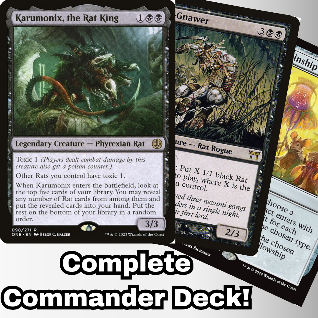 MTG Commander Rat Deck featuring Karumonix, the Rat King, showcasing a complete 100-card custom-built EDH deck by Moonveil Games, emphasizing rat tribal and poison strategies.
