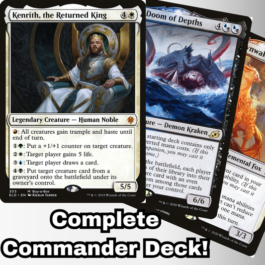 MTG Commander Deck featuring Kenrith, the Returned King; includes authentic 100 cards, highlighting three: Kenrith, Doom of Depths, and Rowan’s Fox. Custom-built by Moonveil Games.