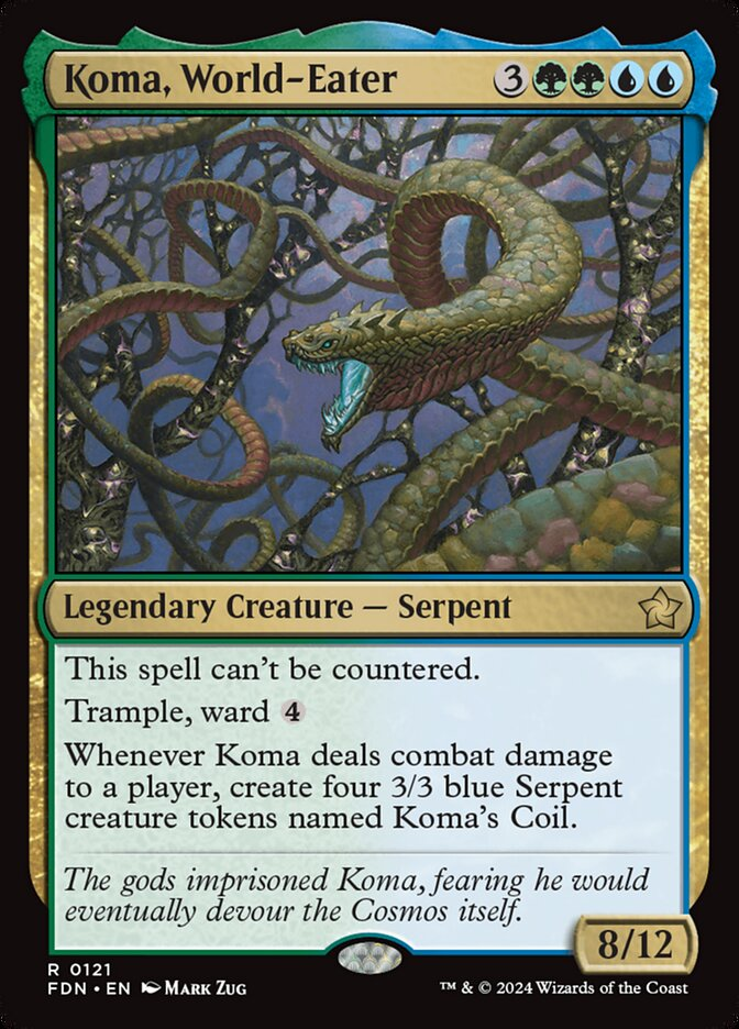 MTG Commander Deck featuring Koma, Cosmos Serpent; custom 100-card Simic Ramp deck by Moonveil Games, ideal for casual EDH play.